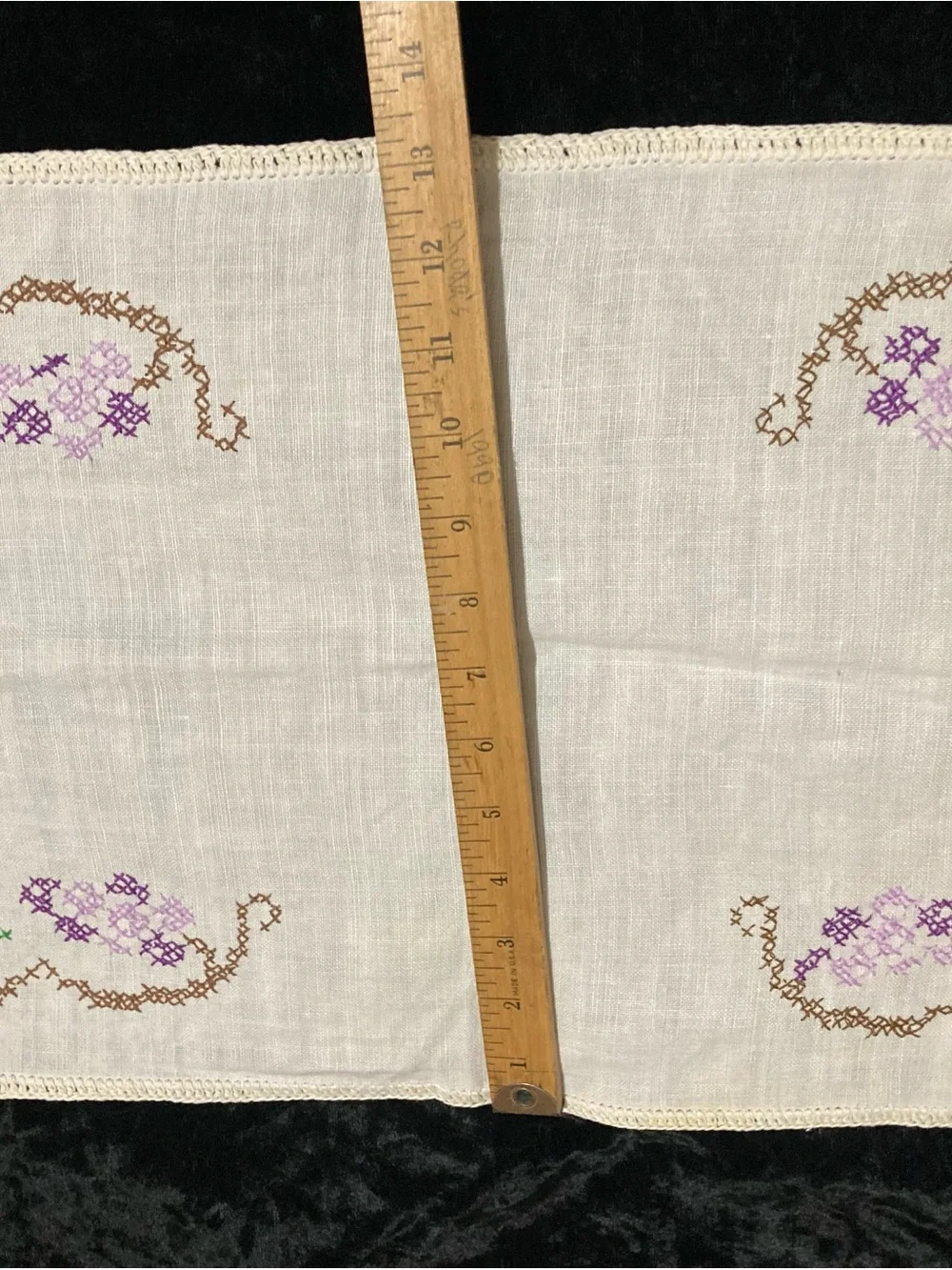 Embroidered Linen Runner with Green and Purple Motif 38x13”
